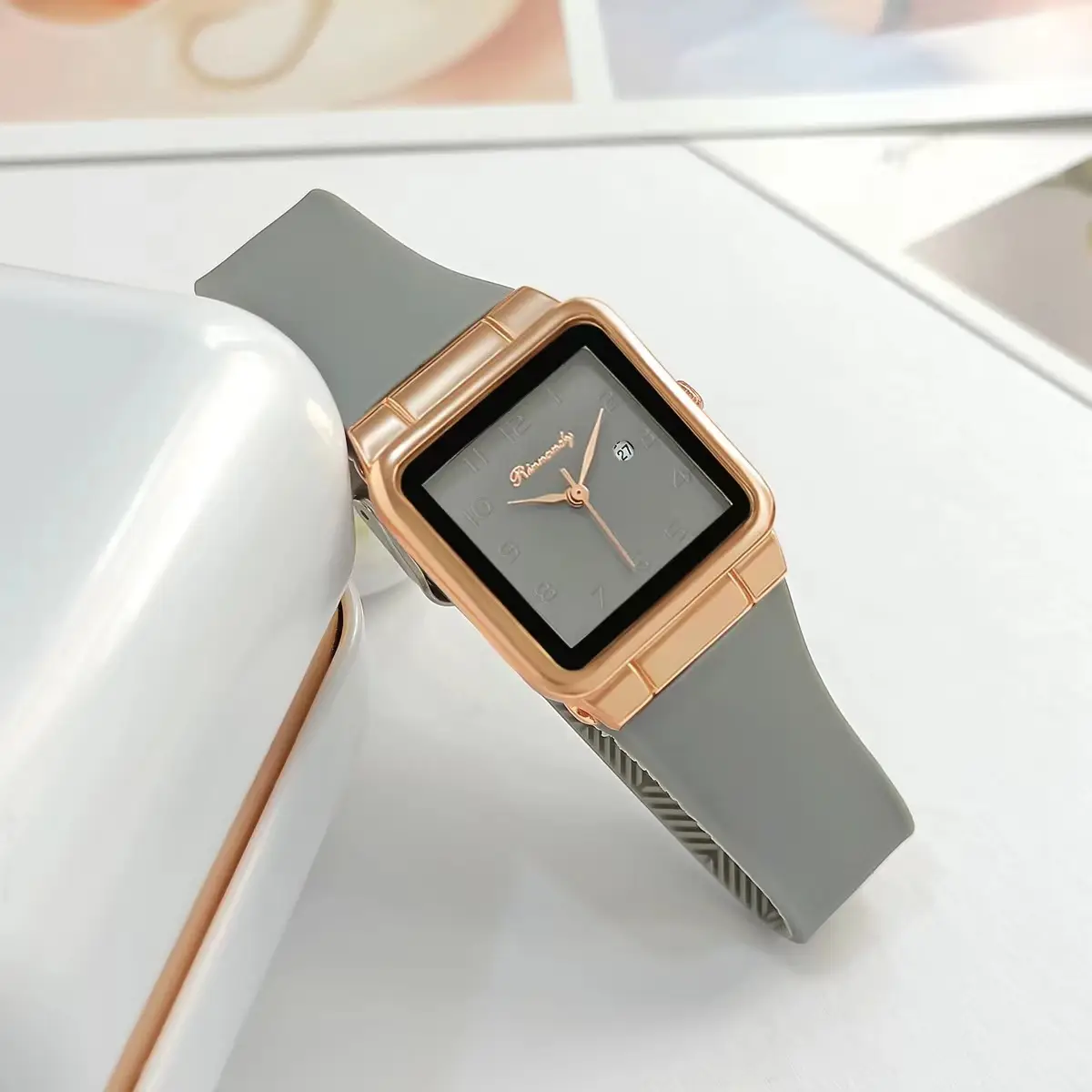 Ladies Blue Silicone Belt Quartz Watch with Rose Gold Case — feature 6