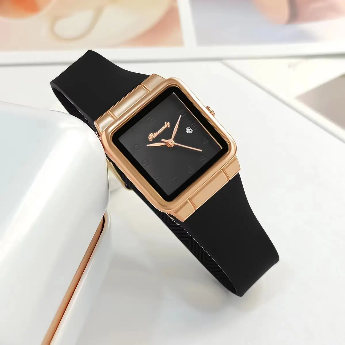 Ladies Blue Silicone Belt Quartz Watch with Rose Gold Case — feature 8