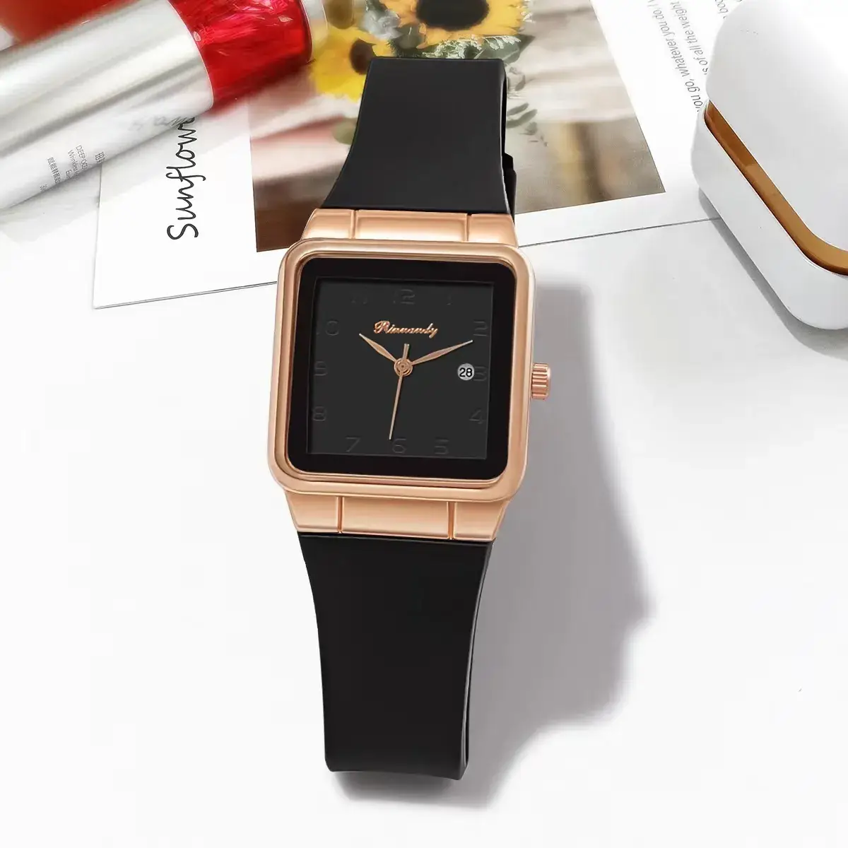 Ladies Blue Silicone Belt Quartz Watch with Rose Gold Case - Image 3