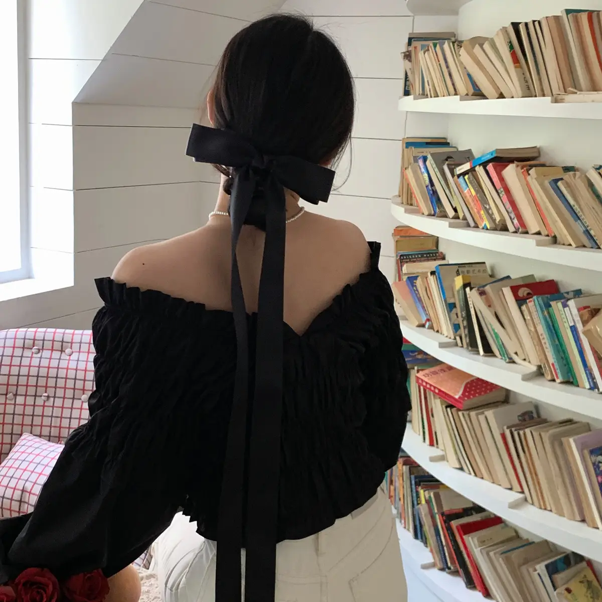 Black Off-Shoulder Bow Hairpin Ribbon Headwear for Women - Image 5
