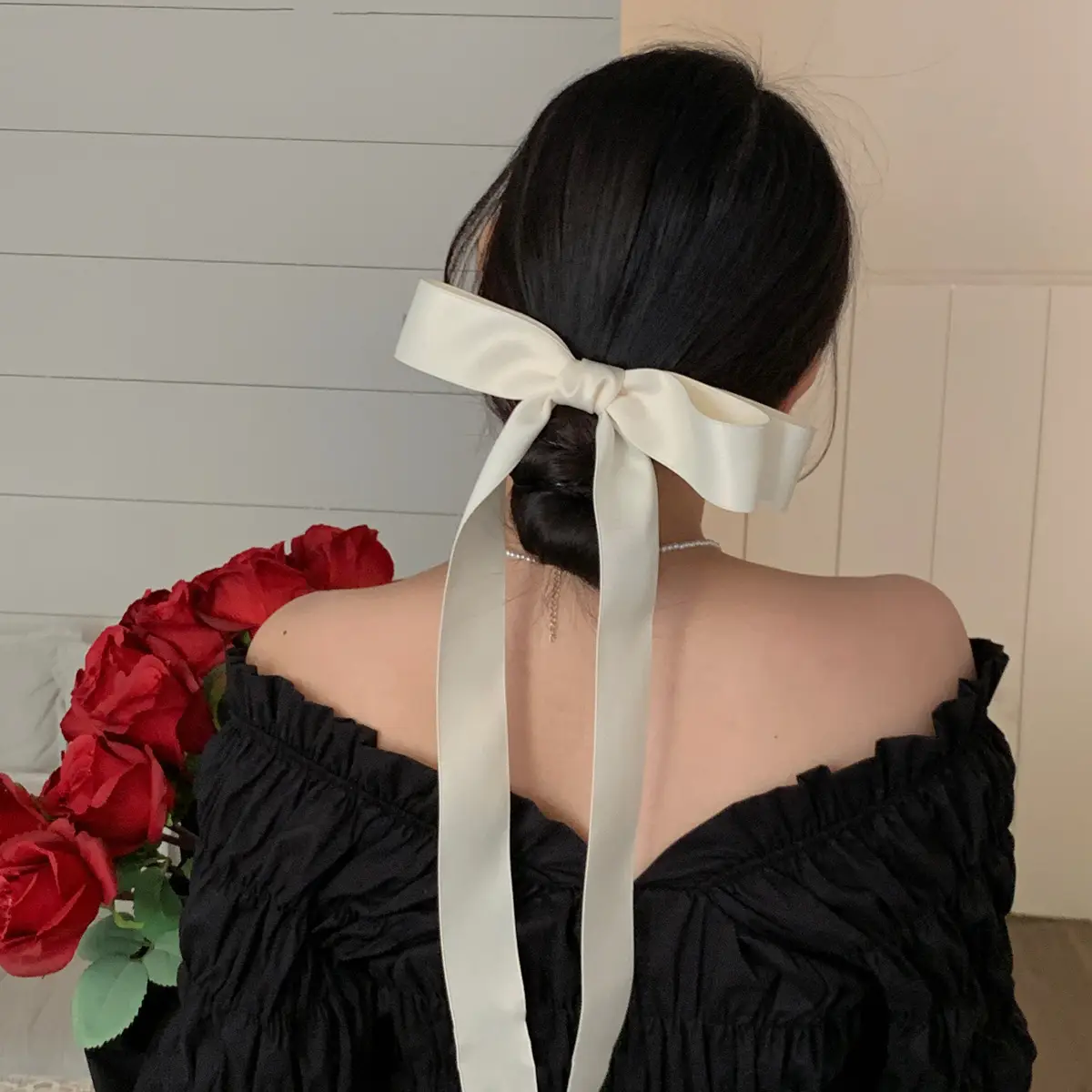 Black Off-Shoulder Bow Hairpin Ribbon Headwear for Women - Image 6