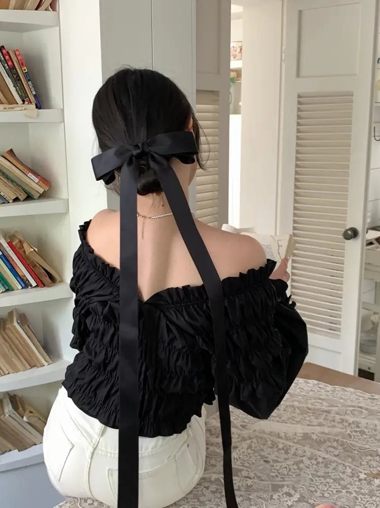 Black Off-Shoulder Bow Hairpin Ribbon Headwear for Women — feature 3