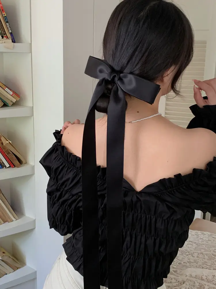 Black Off-Shoulder Bow Hairpin Ribbon Headwear for Women — feature 4