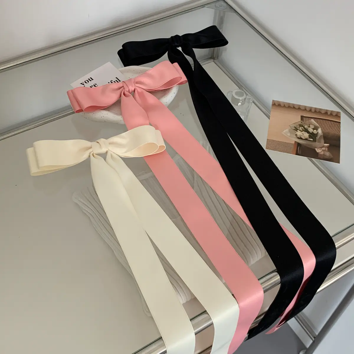 Black Off-Shoulder Bow Hairpin Ribbon Headwear for Women - Image 3