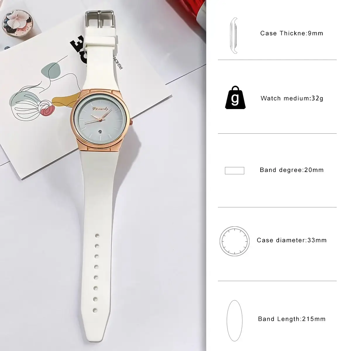 Red Silicone Belt Women's Quartz Watch Round Dial — feature 2