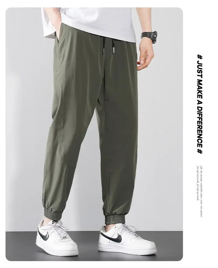 Men Ice Silk Jogger Pants Drawstring Waist Olive Green — feature 17