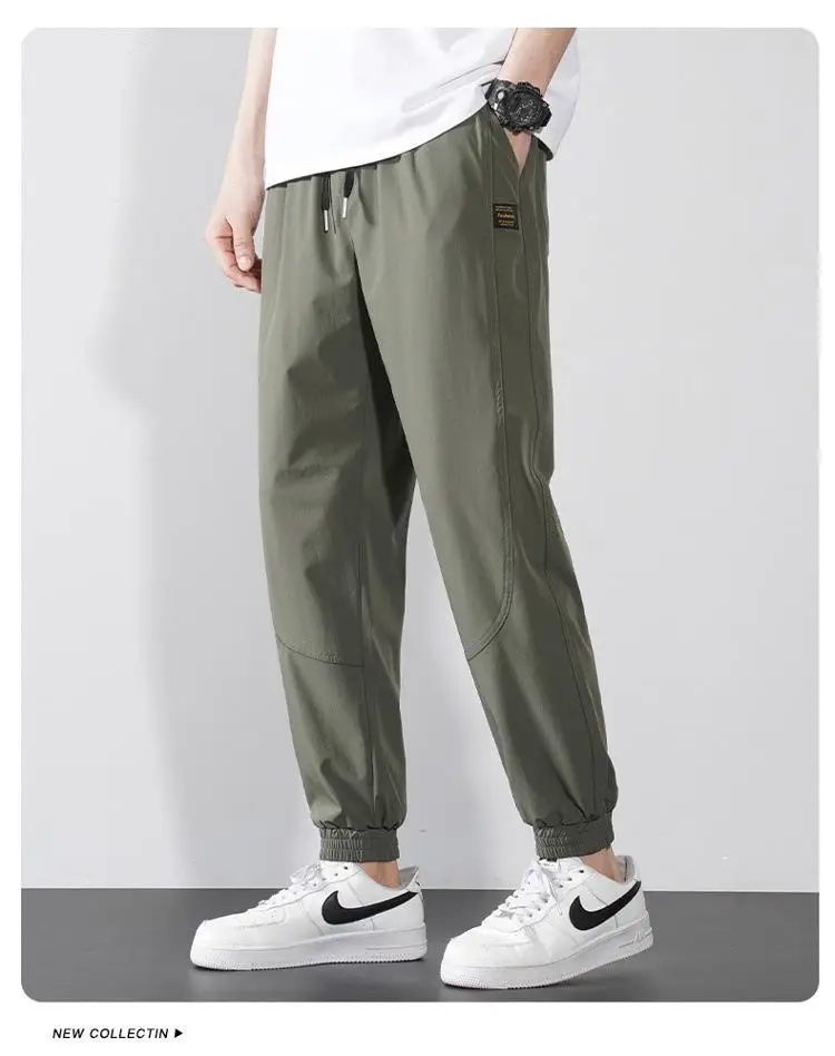Men Ice Silk Jogger Pants Drawstring Waist Olive Green — feature 18