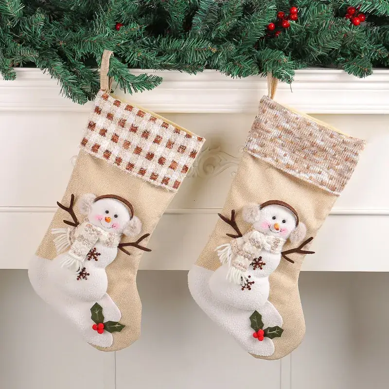 Xuan Li Large Christmas Socks Snowman Plaid Beige - Image 3