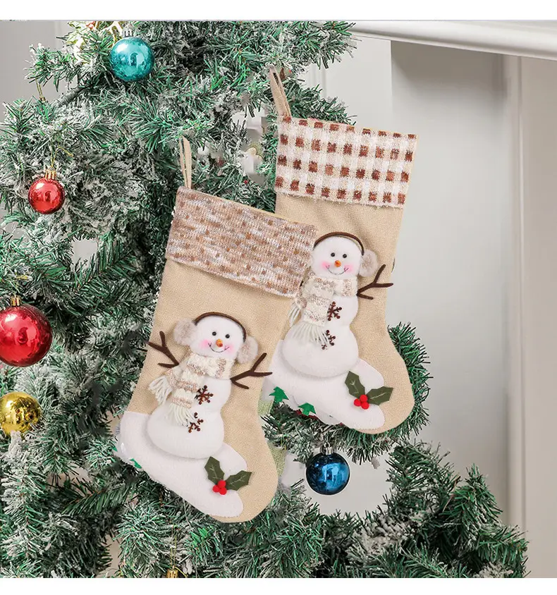 Xuan Li Large Christmas Socks Snowman Plaid Beige — feature 7