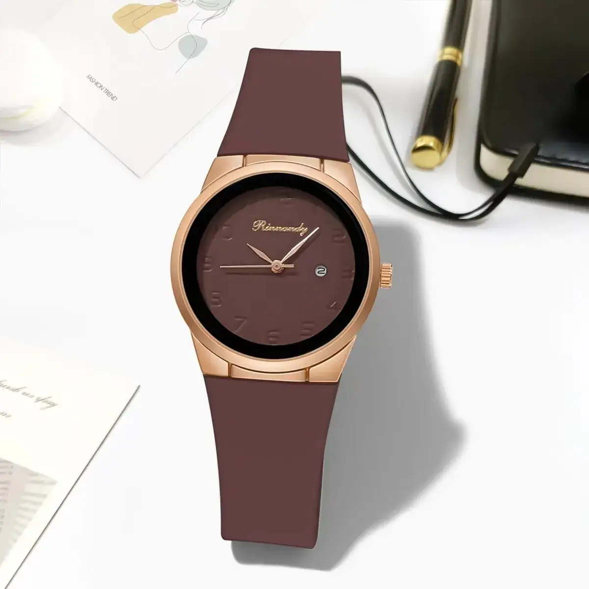 Ladies Silicone Belt Quartz Watch Rose Gold Dial
