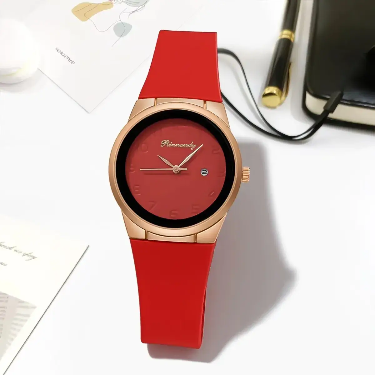 Ladies Silicone Belt Quartz Watch Rose Gold Dial