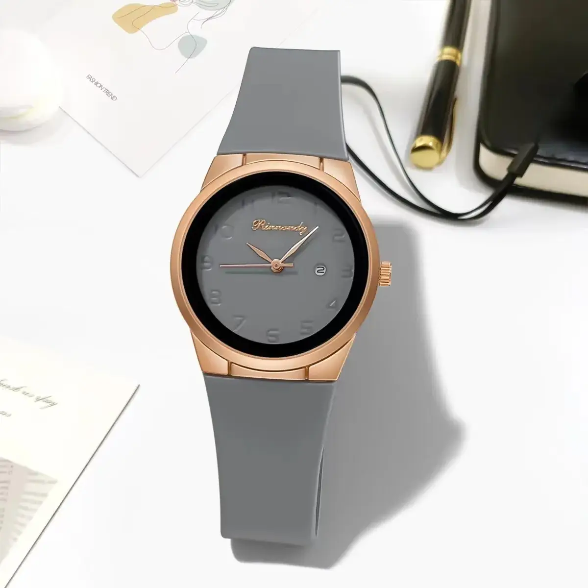 Ladies Silicone Belt Quartz Watch Rose Gold Dial