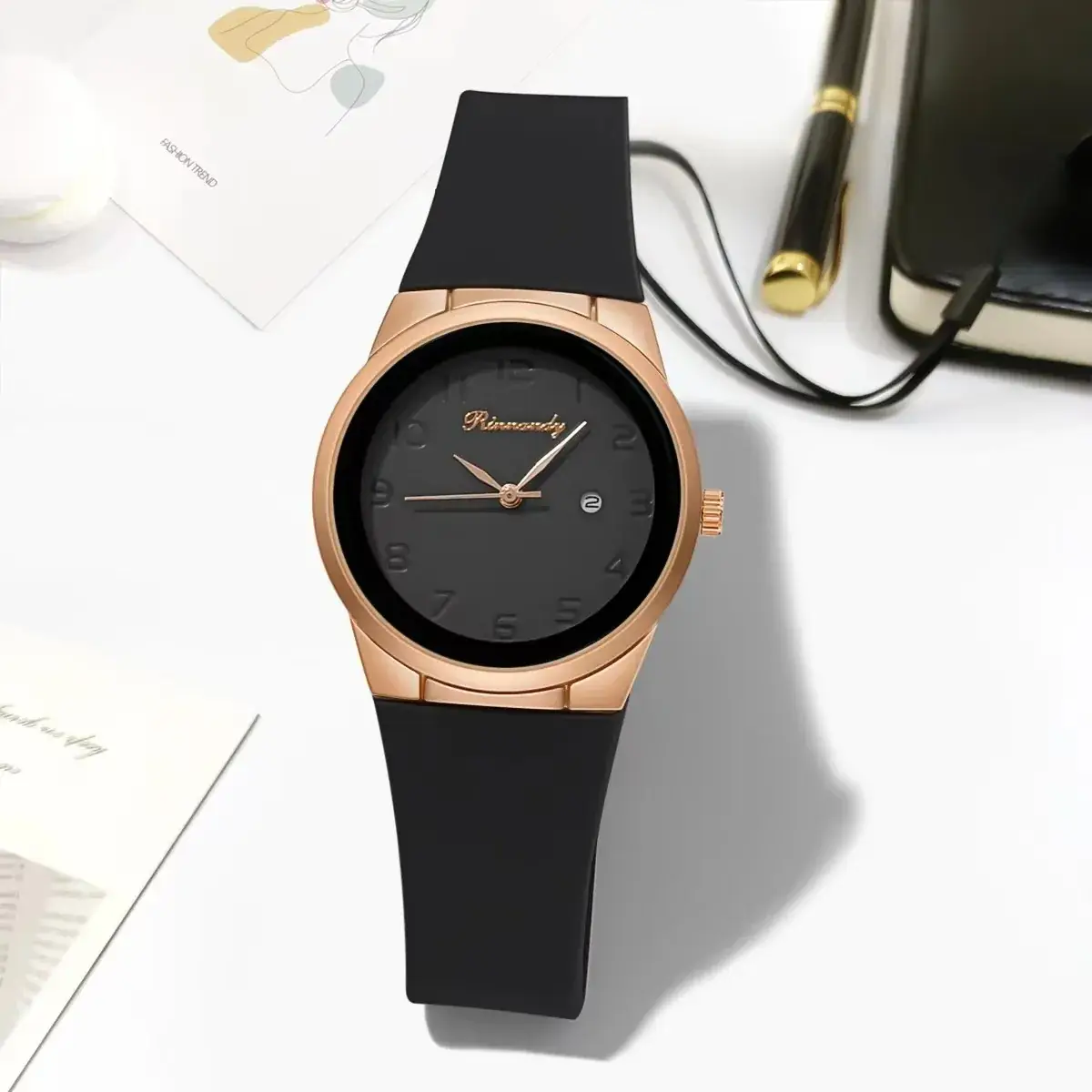 Ladies Silicone Belt Quartz Watch Rose Gold Dial