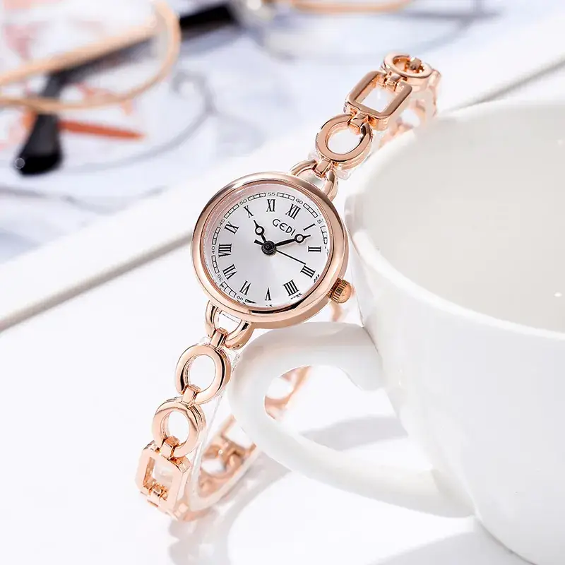 Gold Rose Gold Women's Bracelet Watch with Roman Numbers - Image 6