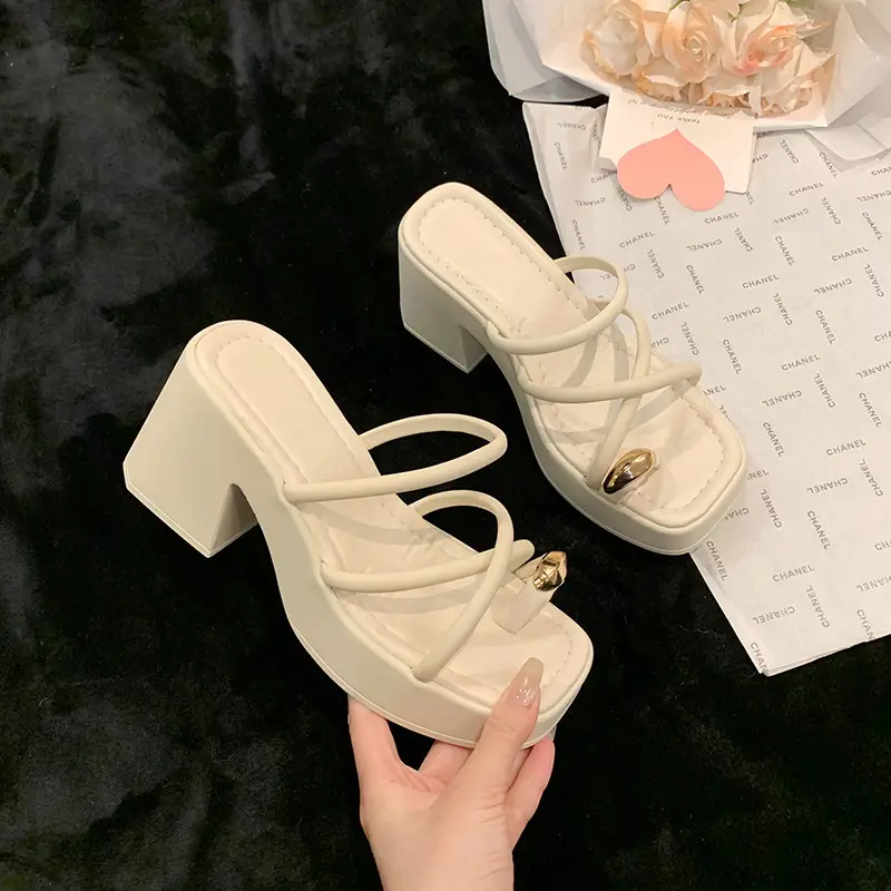 Women's White Thick Heel Sandals Summer