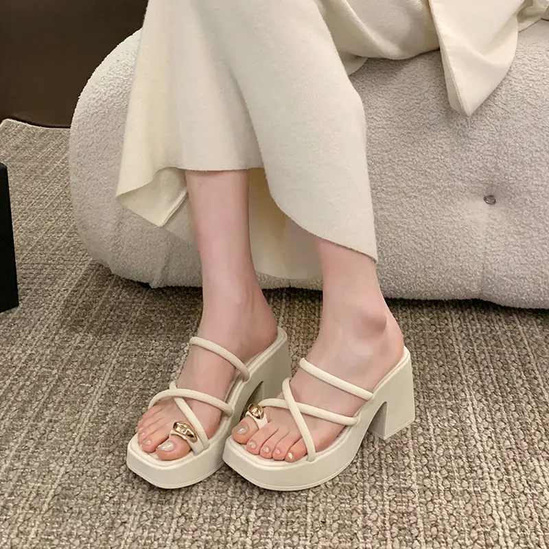Women's White Thick Heel Sandals Summer