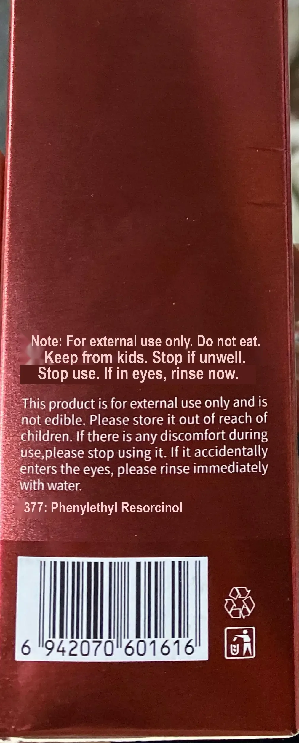 Close-up of red box with external-use and safety instructions.