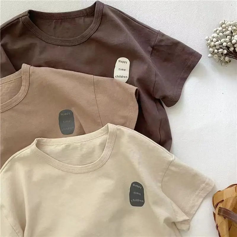 2024 Summer Cotton Boys Girls T-Shirt Beige Letter Print - Image 6