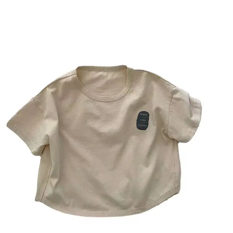2024 Summer Cotton Boys Girls T-Shirt Beige Letter Print - Image 8