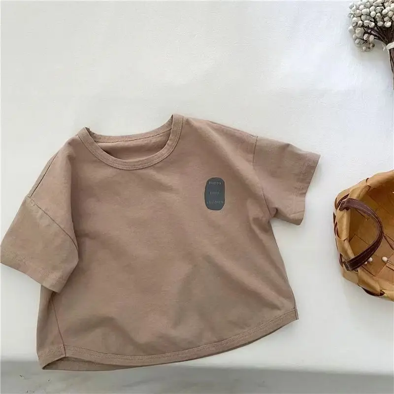 2024 Summer Cotton Boys Girls T-Shirt Beige Letter Print — feature 5