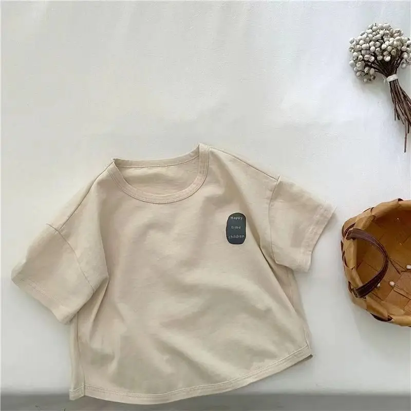 2024 Summer Cotton Boys Girls T-Shirt Beige Letter Print — feature 6