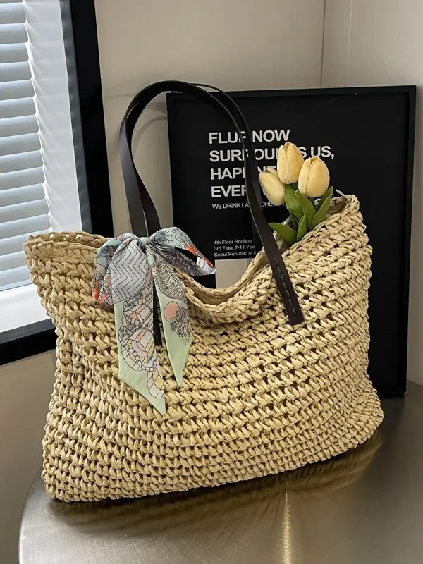 Women's Straw Woven Shoulder Bag for Summer Beach Vacation