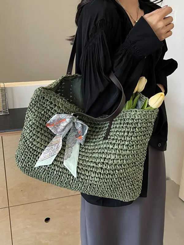 Women's Straw Woven Shoulder Bag for Summer Beach Vacation