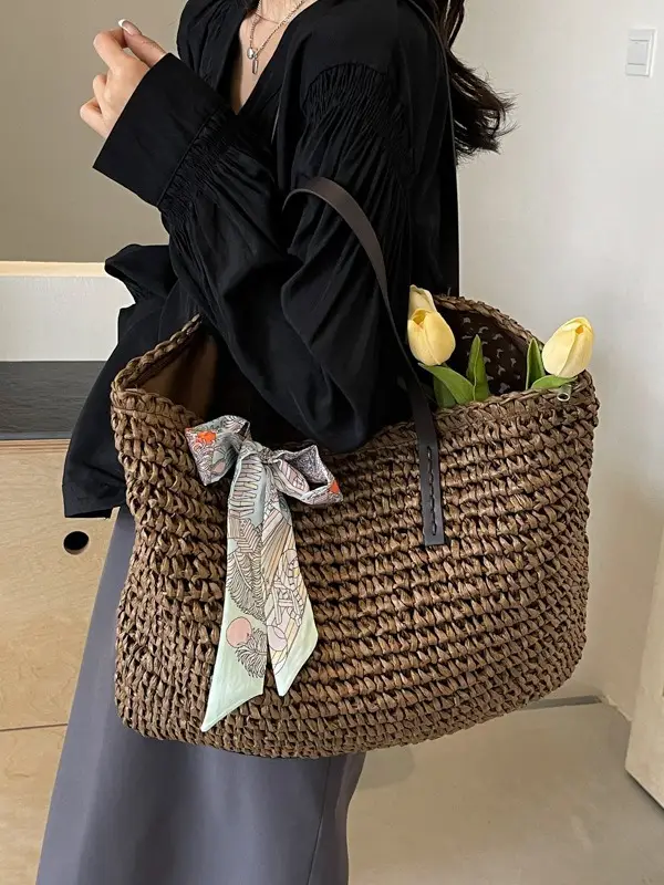 Women's Straw Woven Shoulder Bag for Summer Beach Vacation