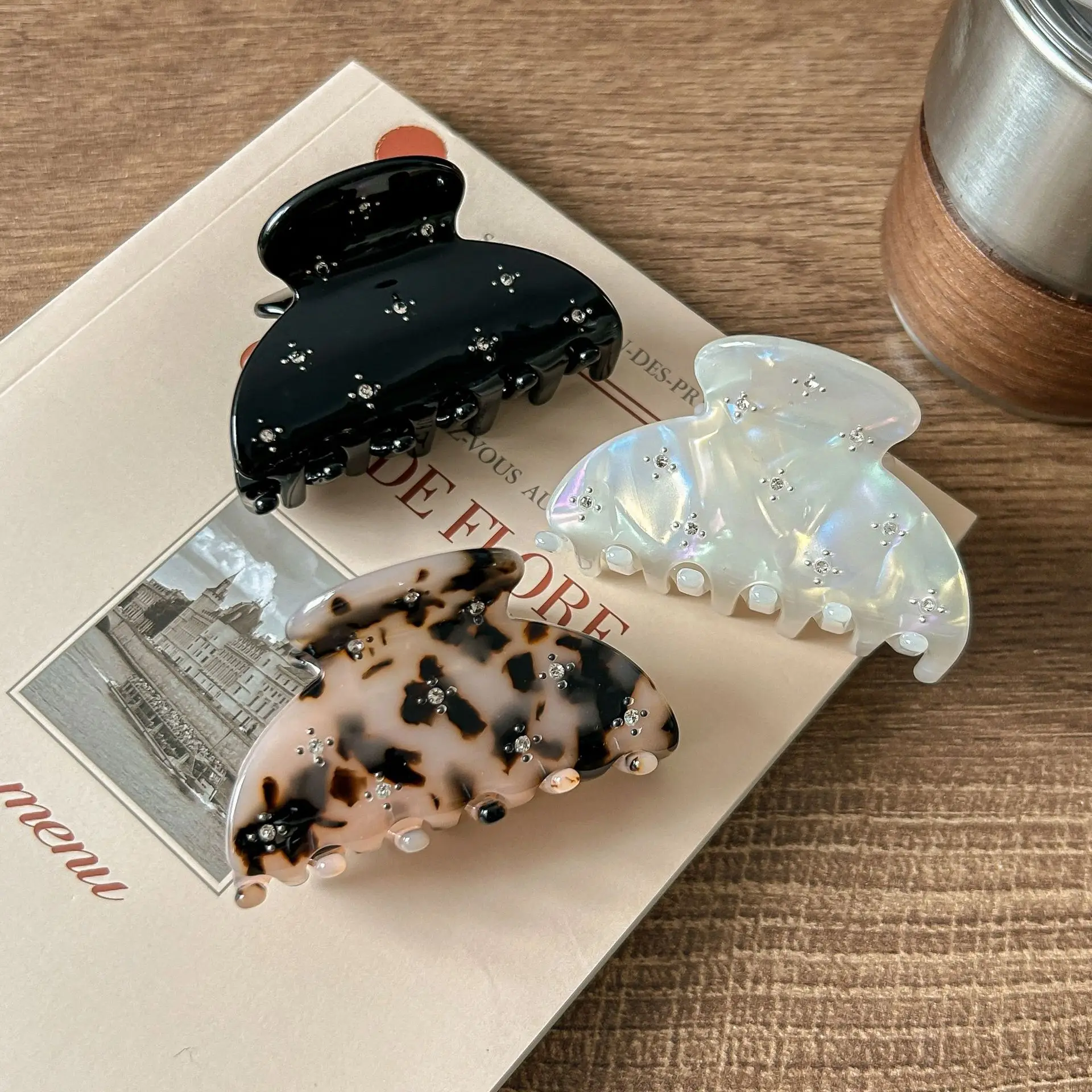 Acetate Shark Clip with Diamond & Pearl Design