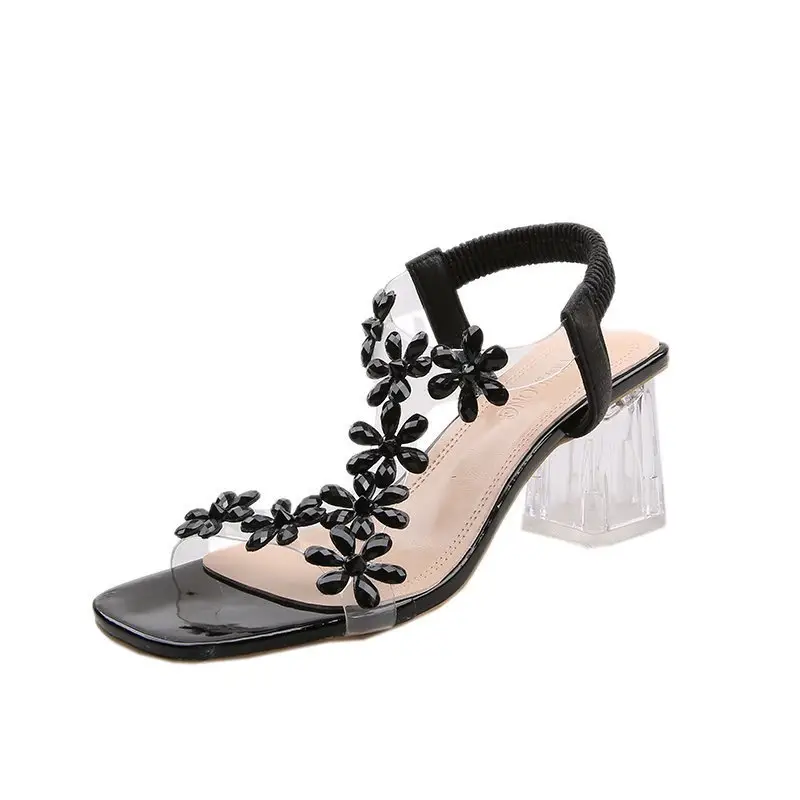 32-43 Size Large Women's Sandals, Internet Celebrity Crystal Chunky Heel Fashion Mid-Heel Transparent High Heels, Crystal High Heels - Image 5