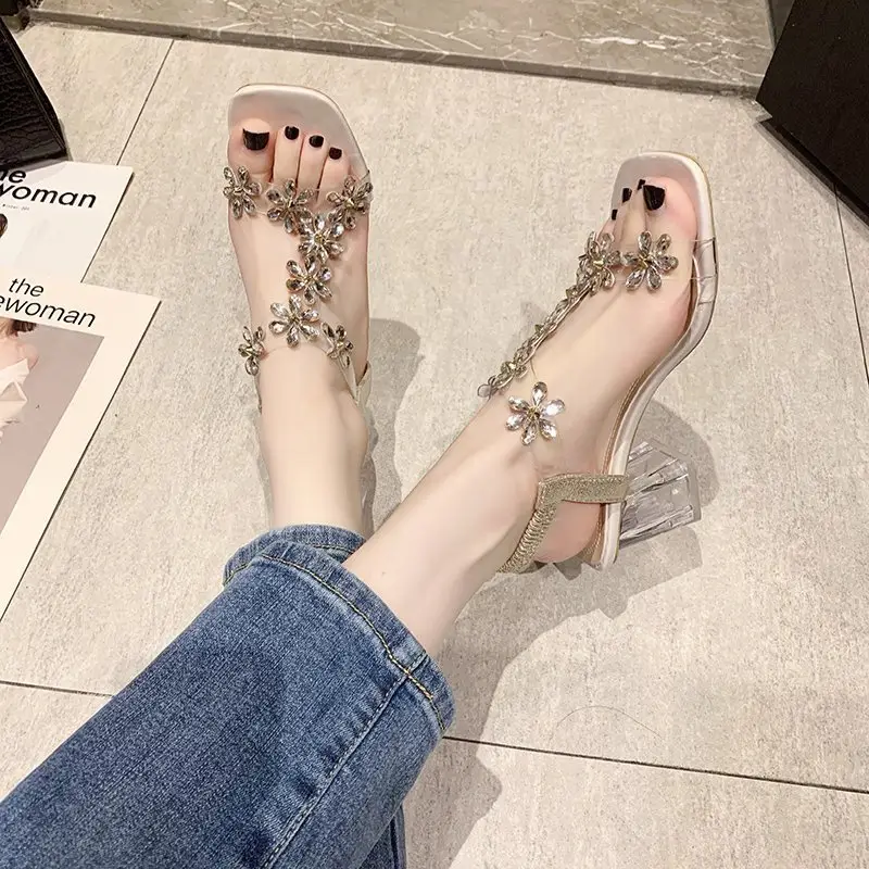 32-43 Size Large Women's Sandals, Internet Celebrity Crystal Chunky Heel Fashion Mid-Heel Transparent High Heels, Crystal High Heels - Image 6