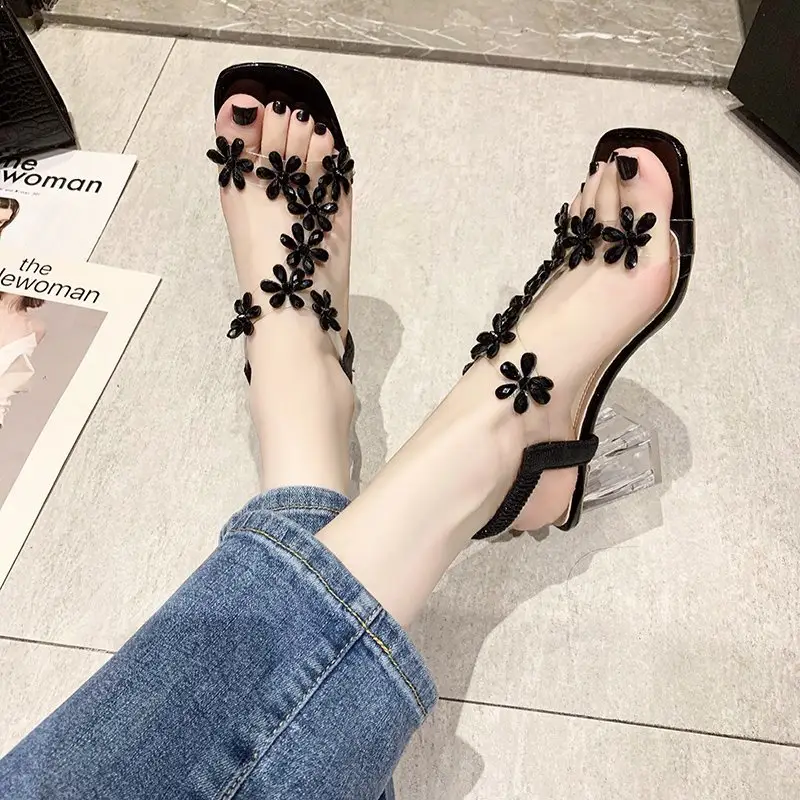 32-43 Size Large Women's Sandals, Internet Celebrity Crystal Chunky Heel Fashion Mid-Heel Transparent High Heels, Crystal High Heels - Image 7
