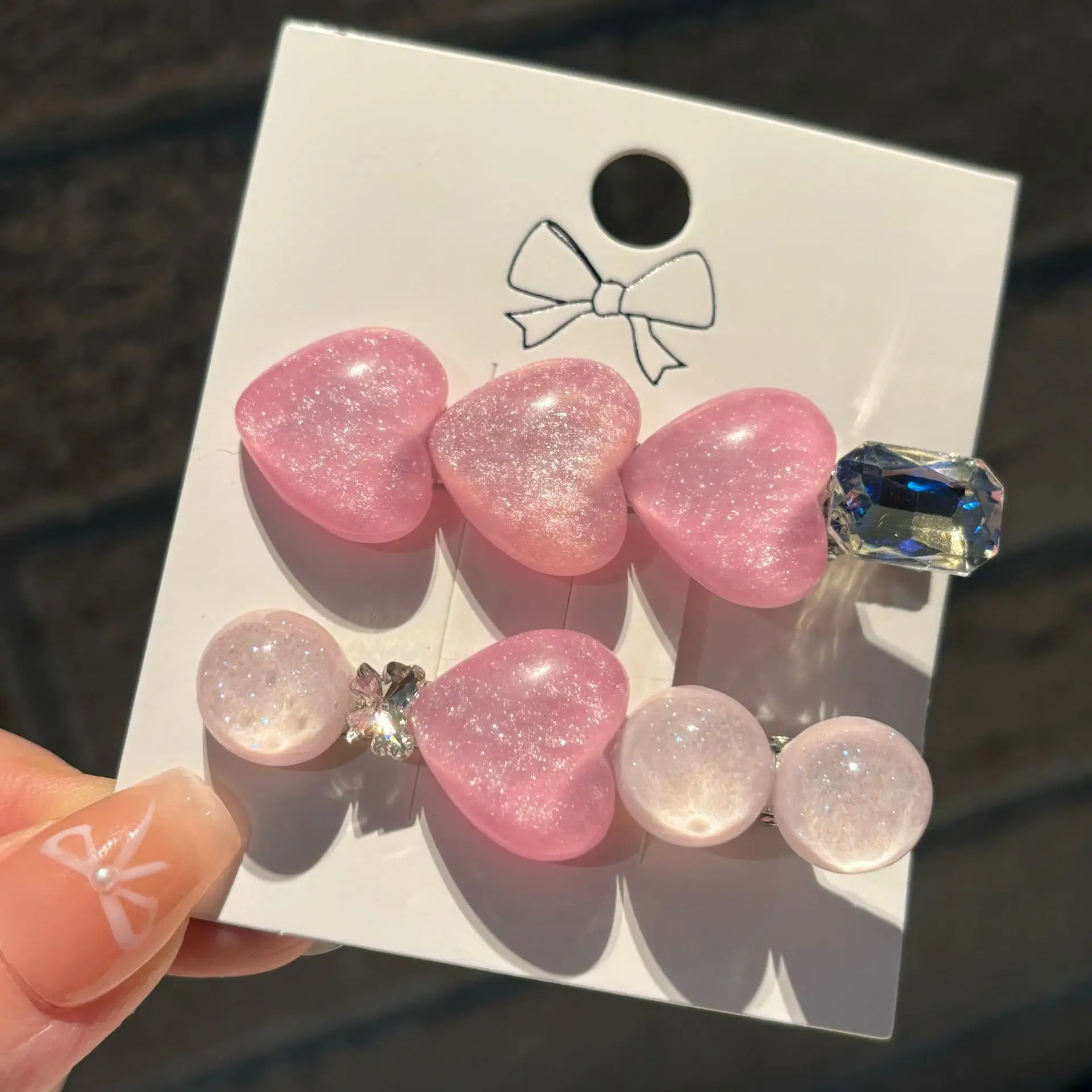 Pink Glitter Heart Hairpins with Bow & Duckbill Clips