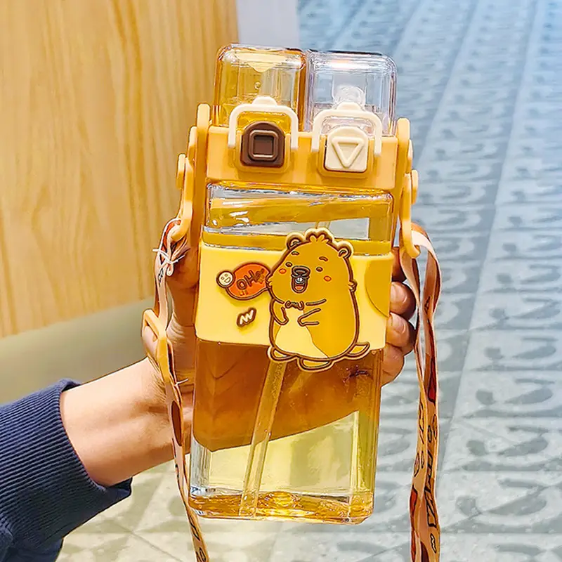 Cartoon Cute Plastic Cup Student Sports Water Bottle Large Capacity Straw Cup Girls Portable Double Drinking Wholesale Water Cup