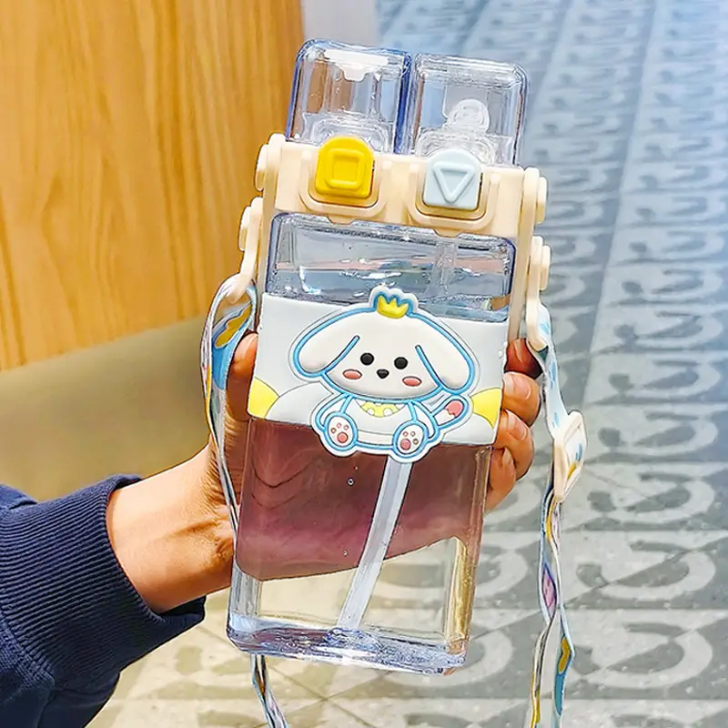 Cartoon Cute Plastic Cup Student Sports Water Bottle Large Capacity Straw Cup Girls Portable Double Drinking Wholesale Water Cup