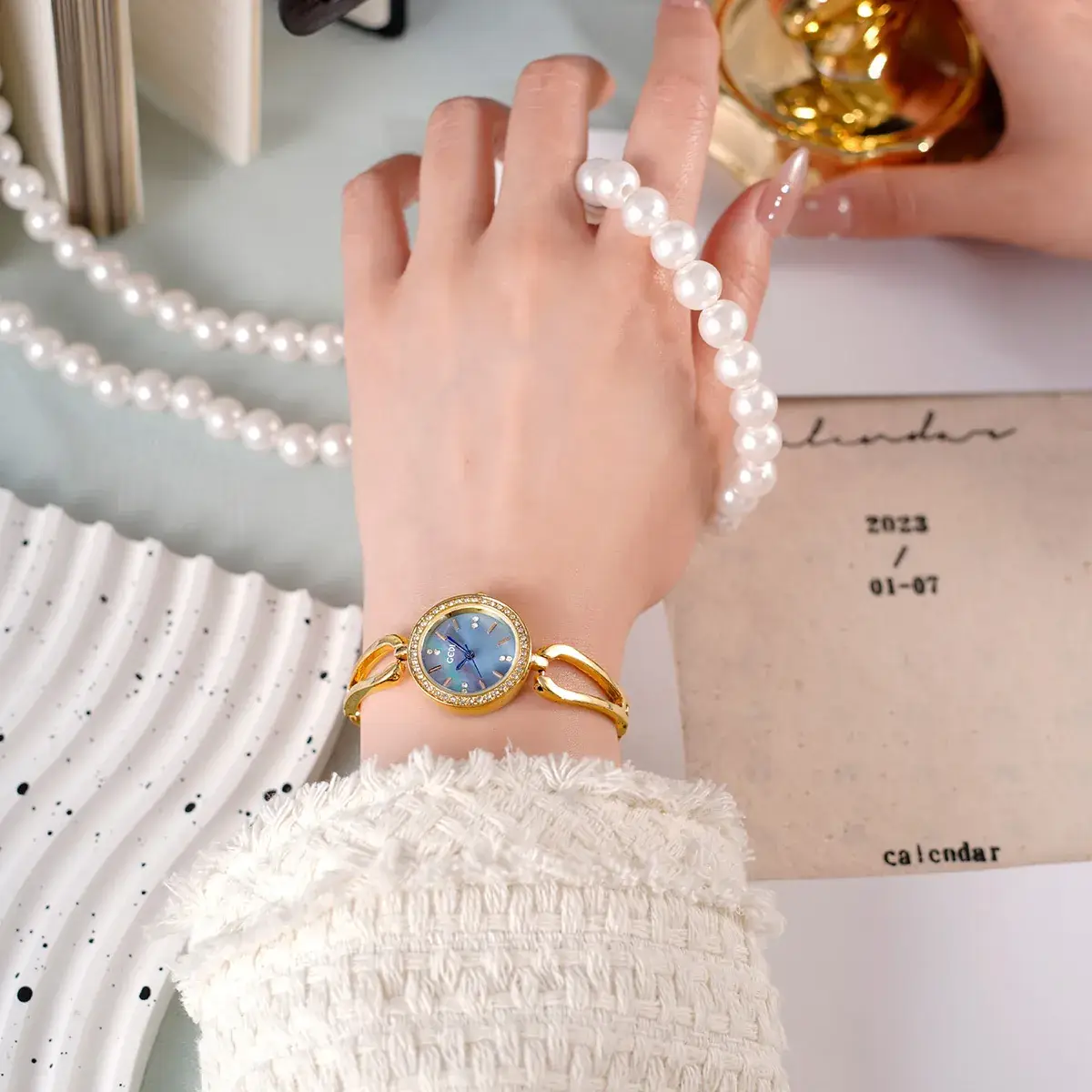 Gold Diamond Studded Women's Quartz Watch