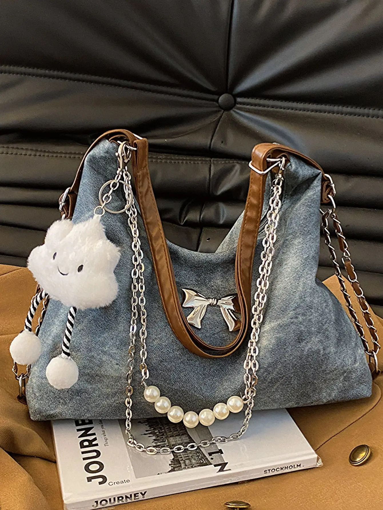 Women's Blue Chain Shoulder Tote Bag Large Capacity - Image 3