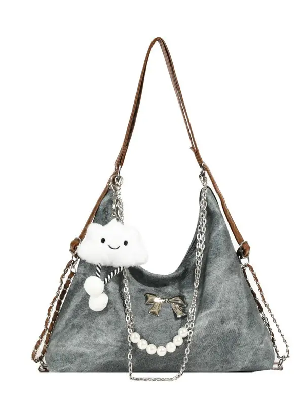 Women's Blue Chain Shoulder Tote Bag Large Capacity - Image 6