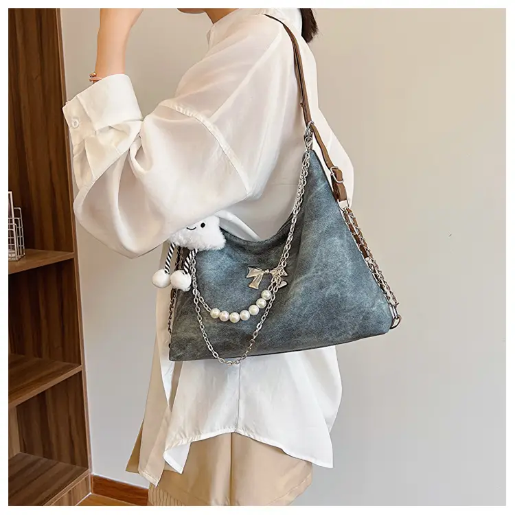 Women's Blue Chain Shoulder Tote Bag Large Capacity — feature 7