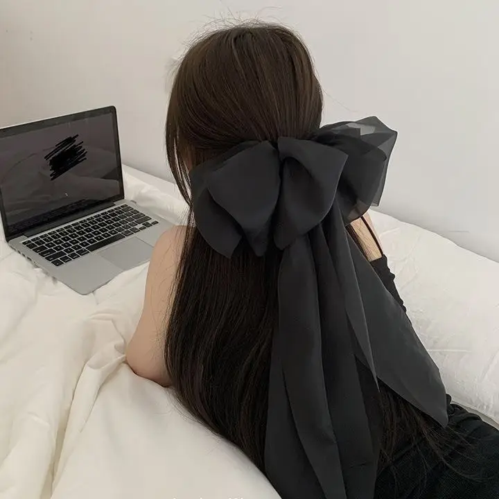 Black Organza Hairpin with Long Bow Ribbon for Women