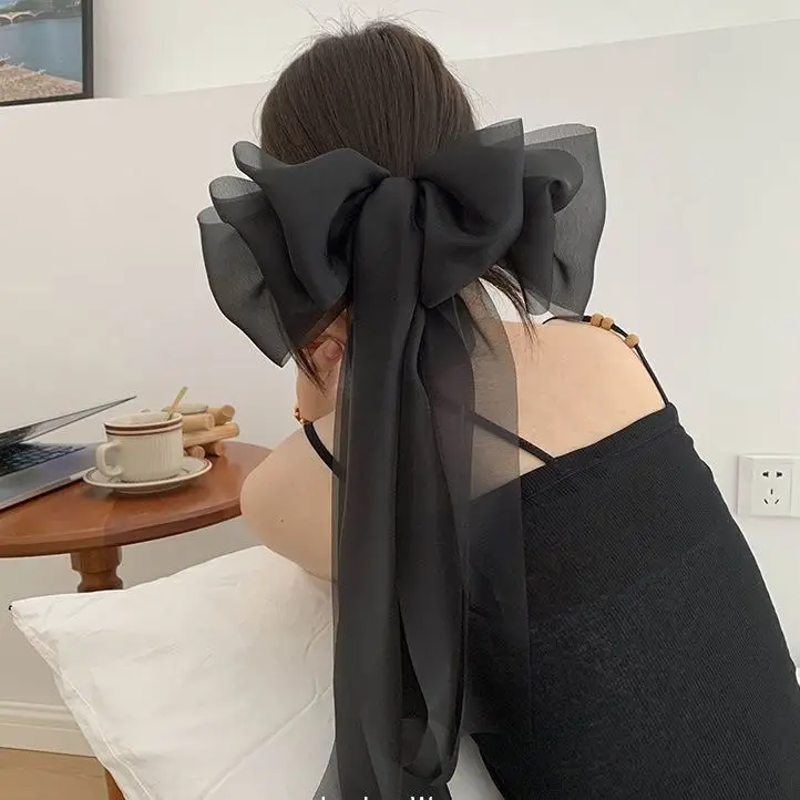 Black Organza Hairpin with Long Bow Ribbon for Women