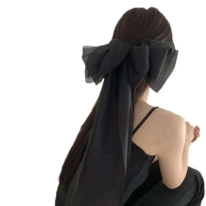 Black Organza Hairpin with Long Bow Ribbon for Women