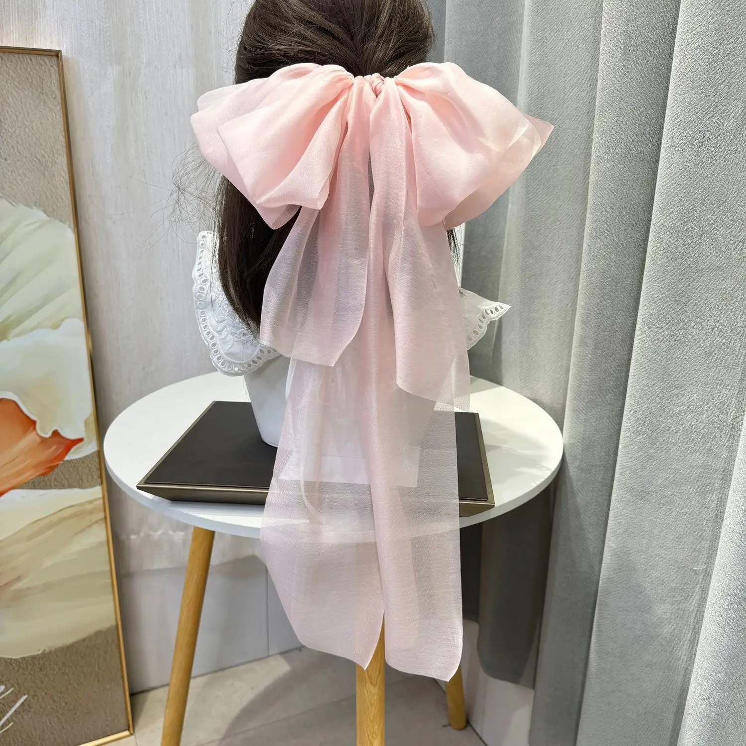 Black Organza Hairpin with Long Bow Ribbon for Women