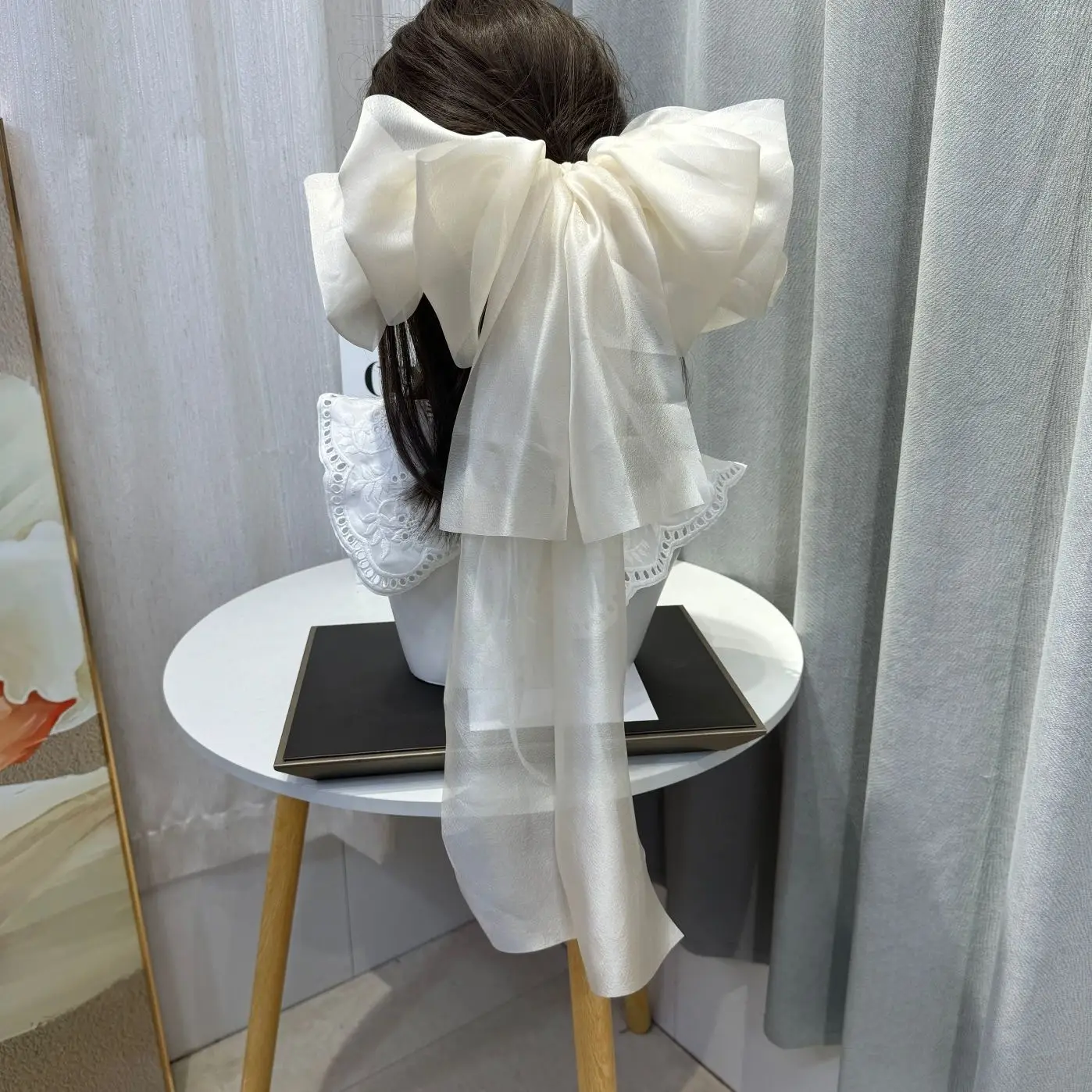 Black Organza Hairpin with Long Bow Ribbon for Women