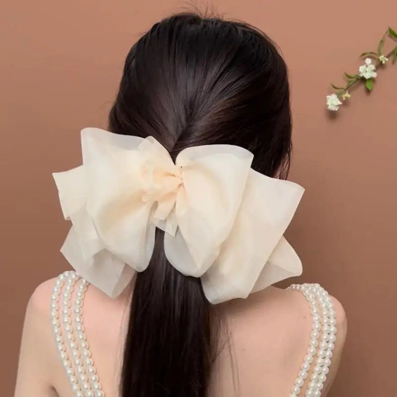 Black Organza Hairpin with Long Bow Ribbon for Women