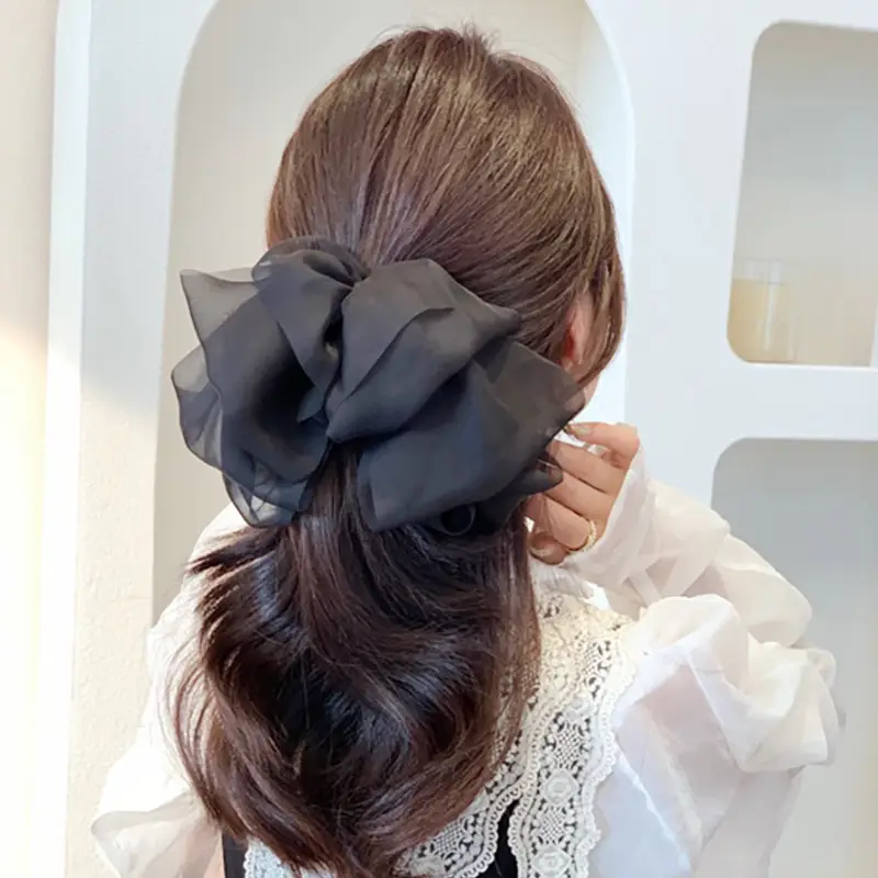 Black Organza Hairpin with Long Bow Ribbon for Women