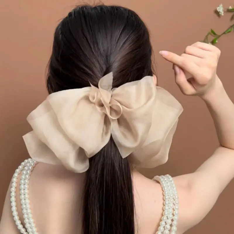 Black Organza Hairpin with Long Bow Ribbon for Women