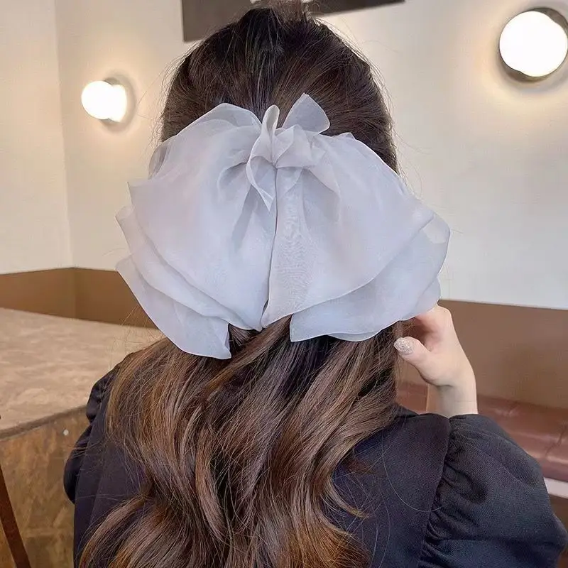 Black Organza Hairpin with Long Bow Ribbon for Women