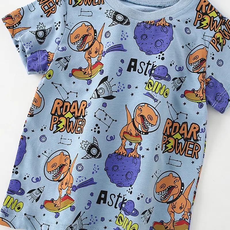 Children's Cartoon Dinosaur T-Shirt Blue Short Sleeve - Image 3