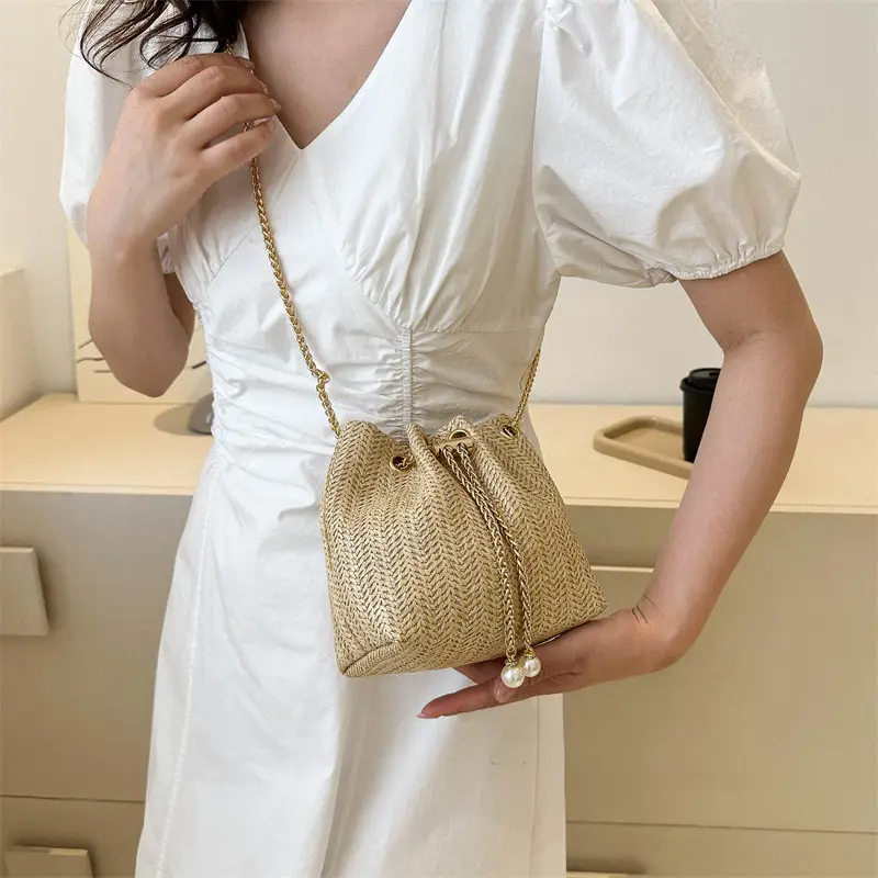 Women's Pearl Chain Straw Bucket Bag 2025 - Image 6
